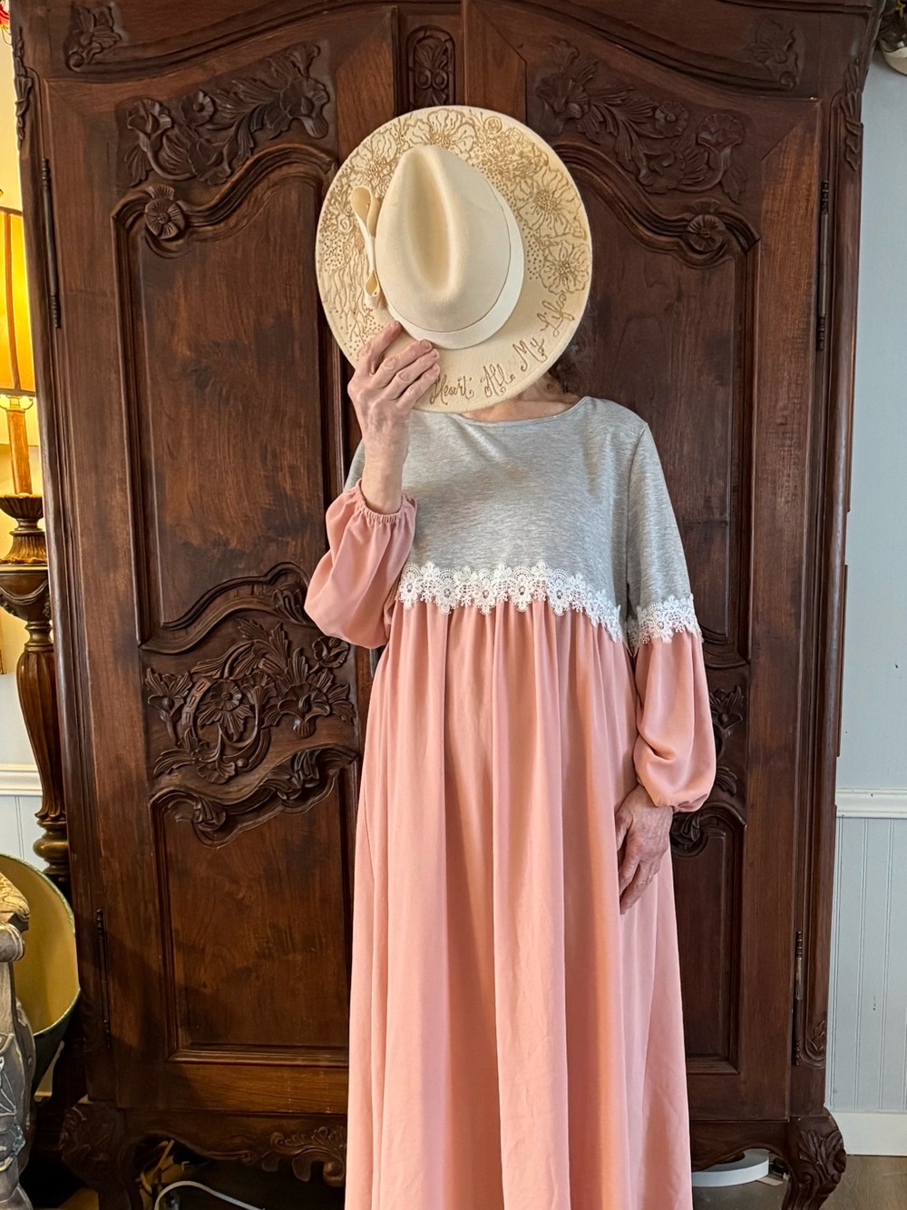 SHEIN Pink and Gray Lace-Trim Maxi Dress